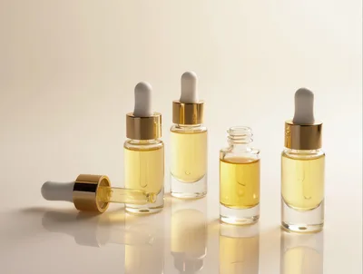 Four Glass Dropper Bottles With Golden Serum