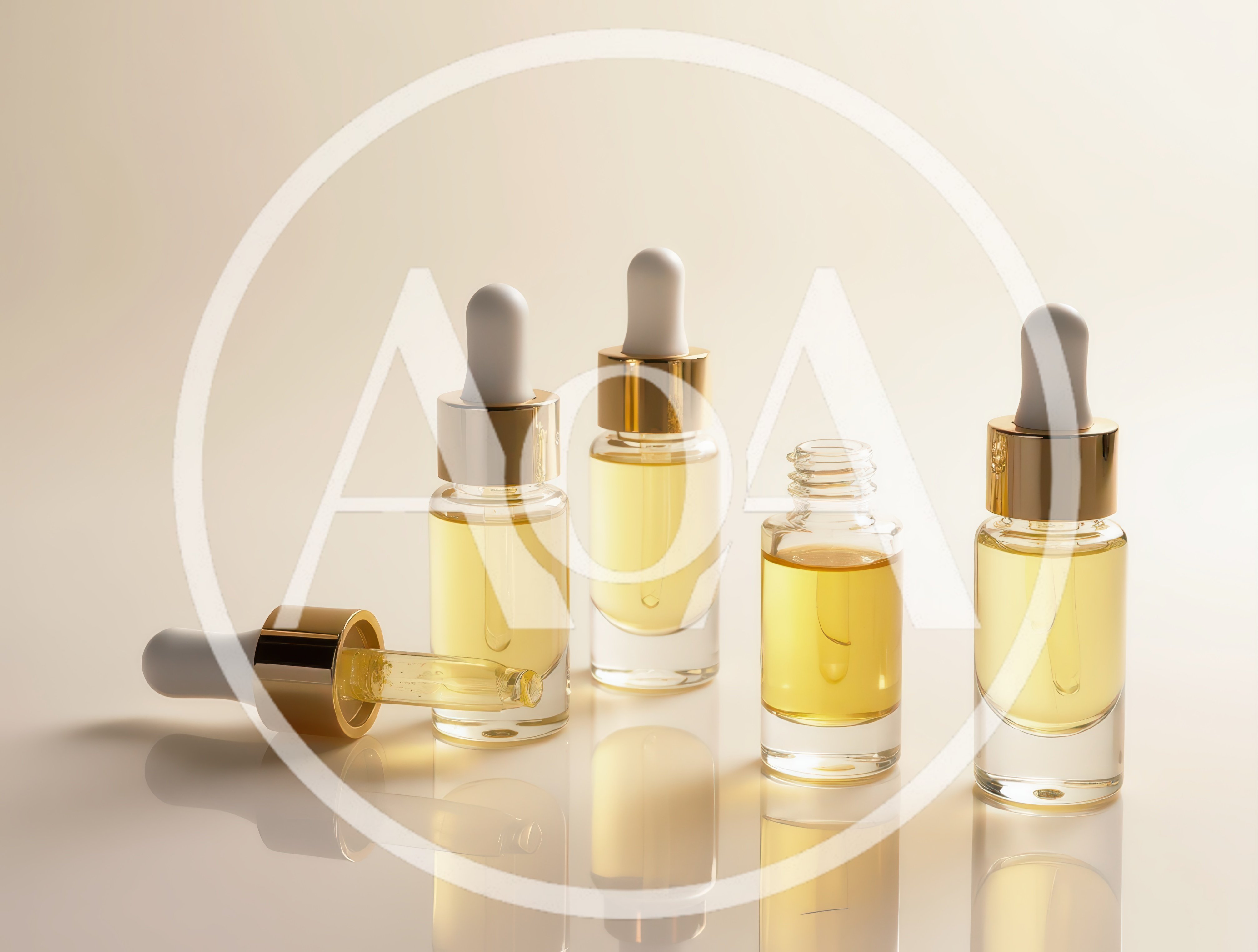 Four Glass Dropper Bottles With Golden Serum