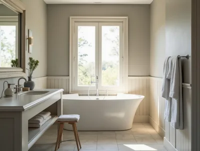 Modern Bathroom Interior With Freestanding Bathtub And Vanity