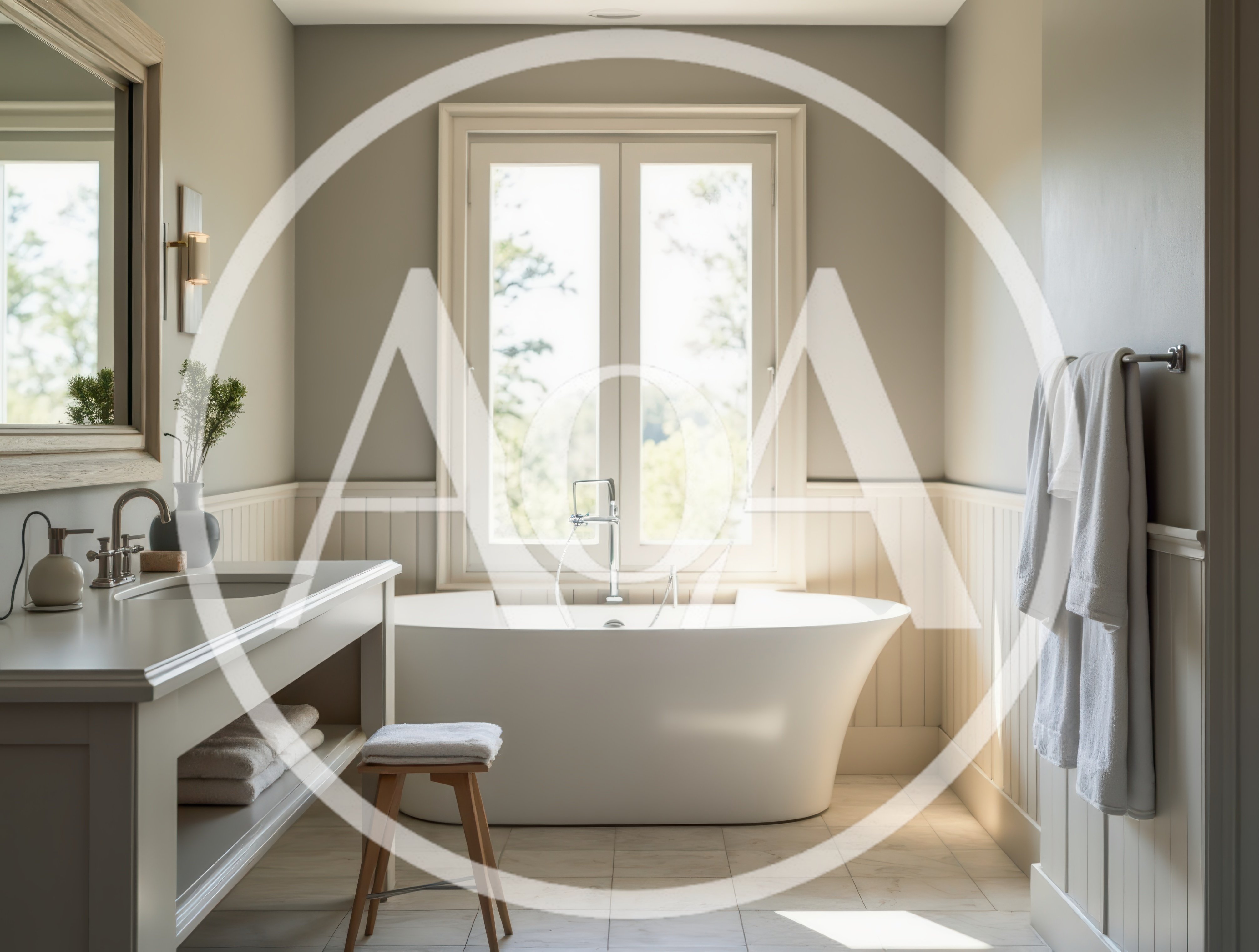 Modern Bathroom Interior With Freestanding Bathtub And Vanity