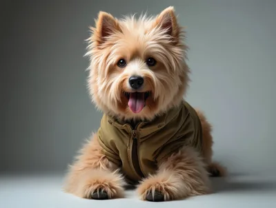 Fluffy Terrier Dog Wearing A Tan Jacket