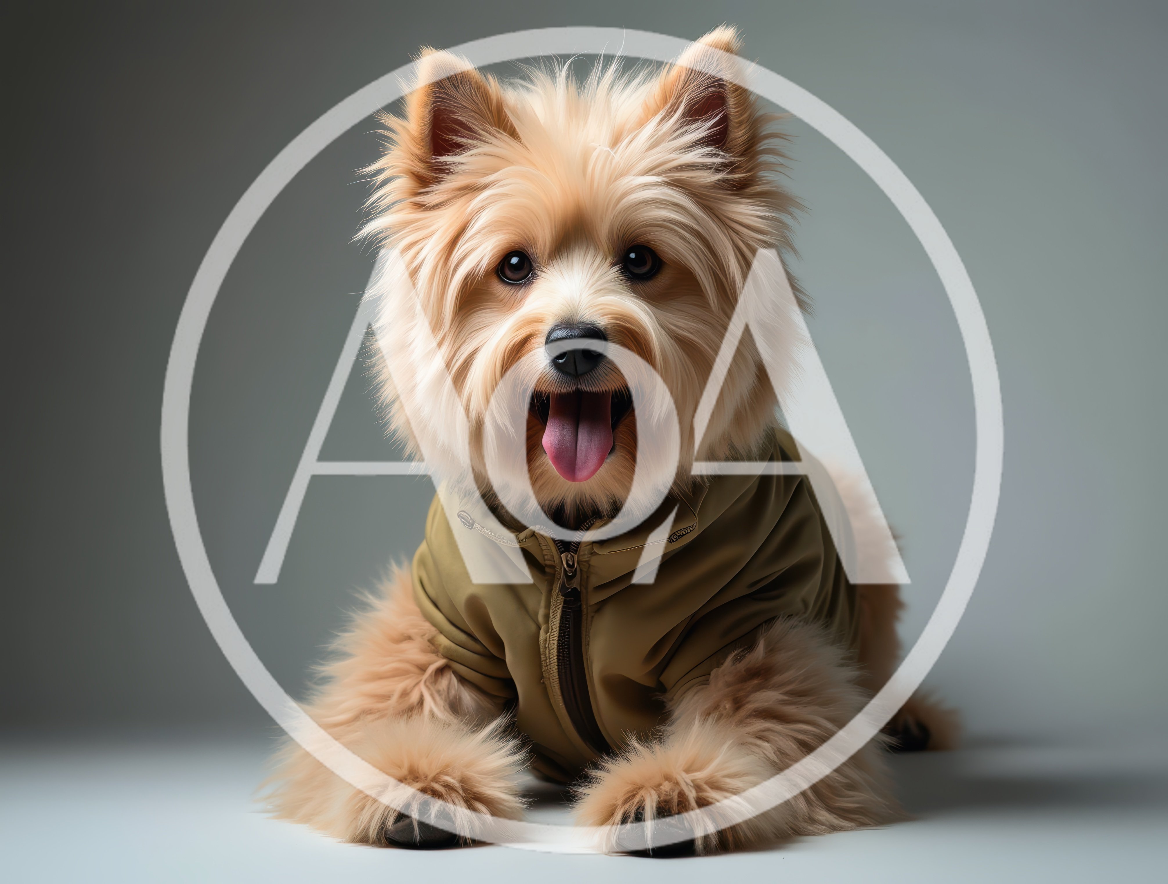 Fluffy Terrier Dog Wearing A Tan Jacket
