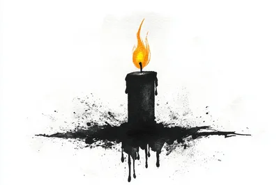 Black Candle With Burning Flame Watercolor Illustration