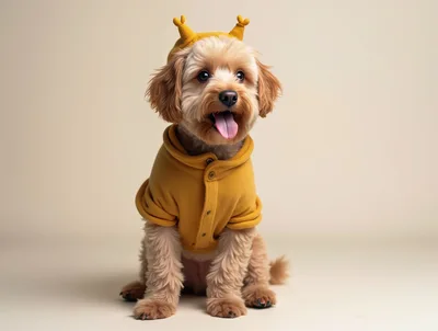 Cute Puppy Wearing A Yellow Hoodie And Antler Hat