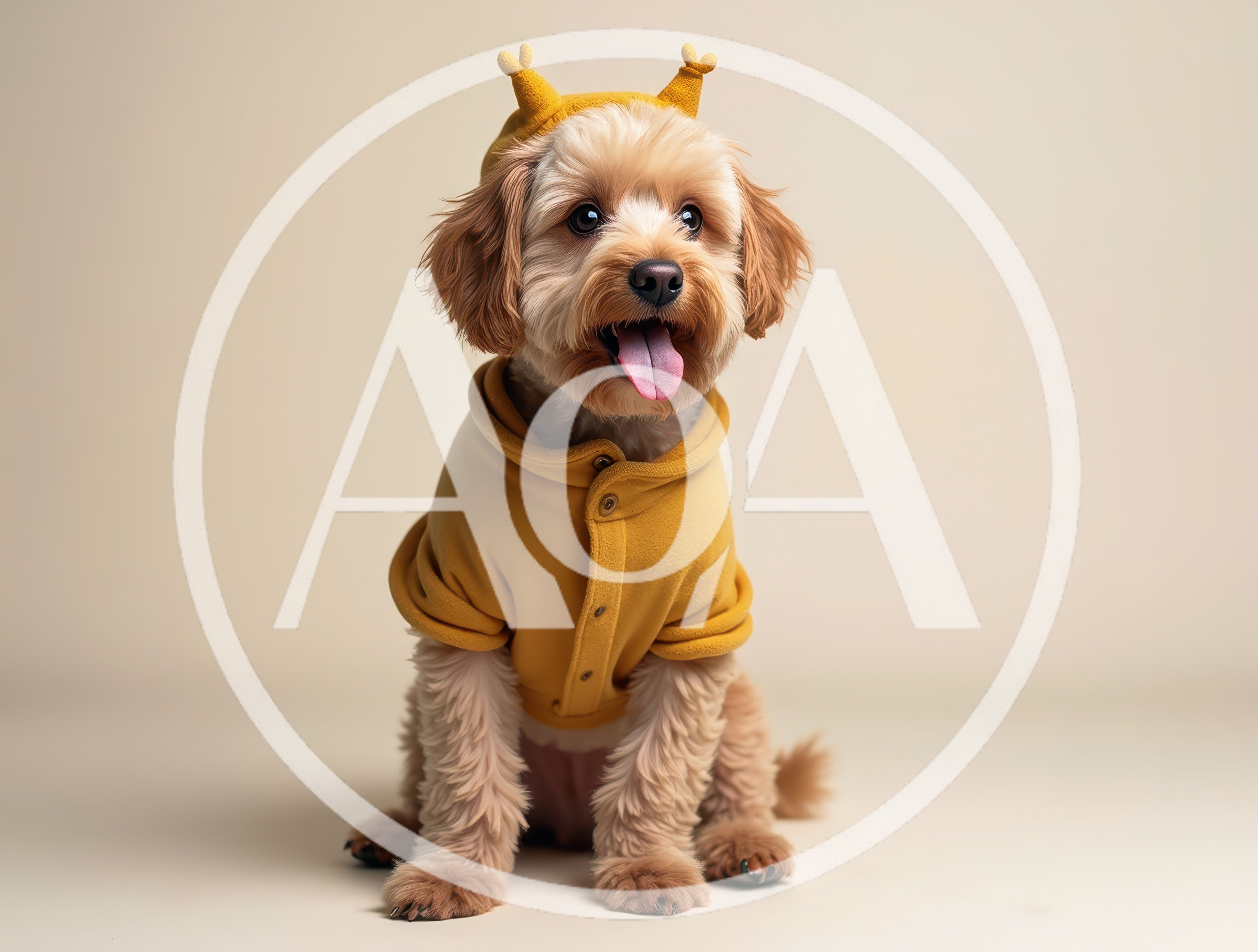 Cute Puppy Wearing A Yellow Hoodie And Antler Hat