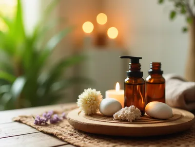 Spa Wellness Still Life With Amber Bottles And Candles