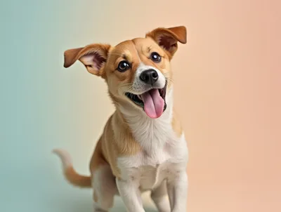 Happy Small Dog Sitting Against A Gradient Background