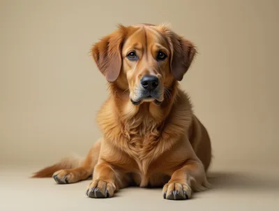 Golden Retriever Dog Lying Down On Beige Background
