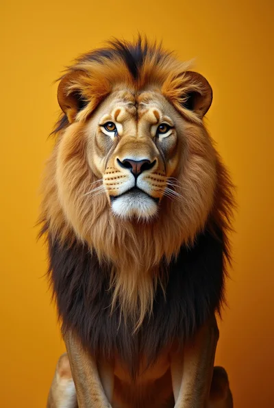 Majestic Male Lion Portrait Against Solid Yellow Background