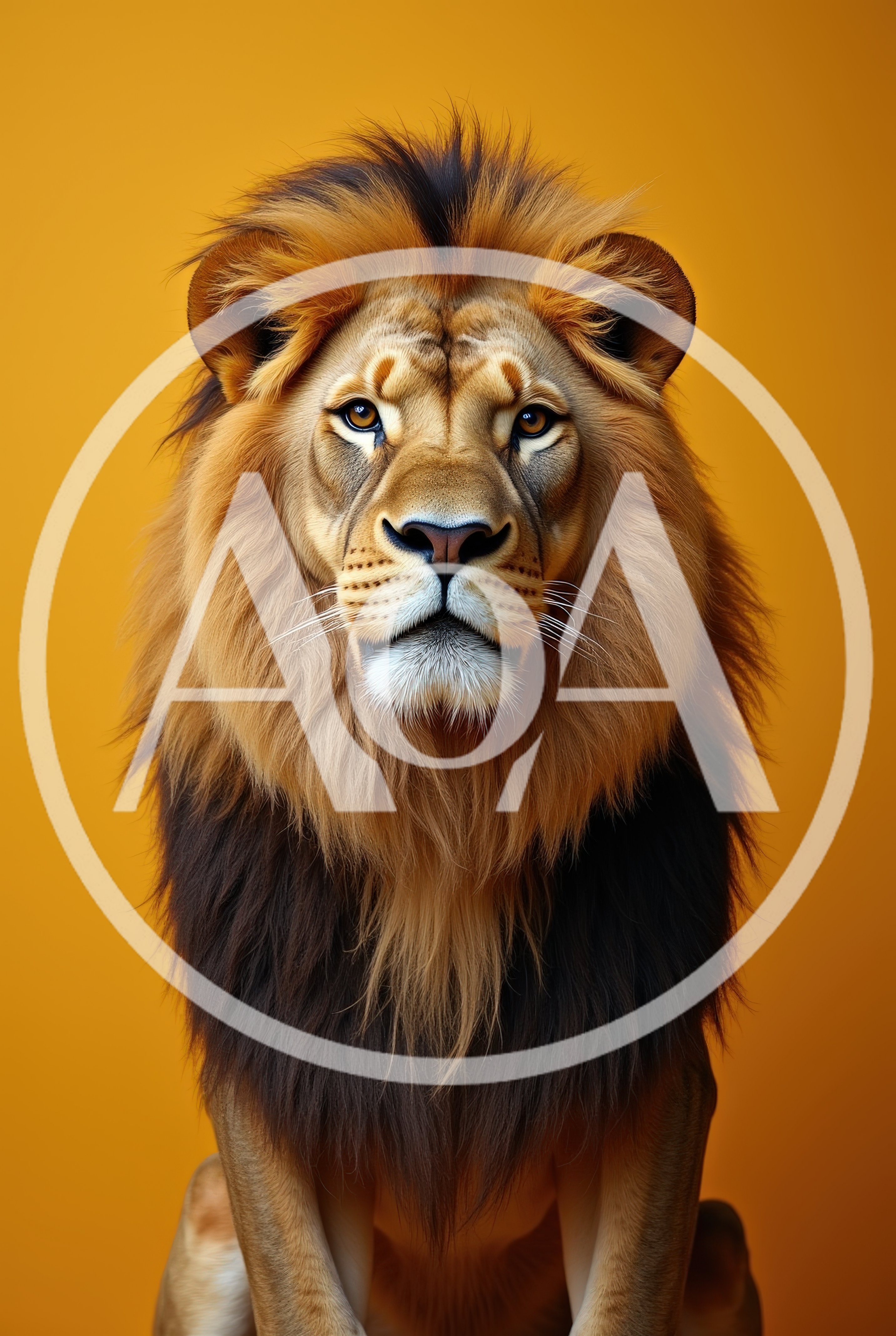 Majestic Male Lion Portrait Against Solid Yellow Background