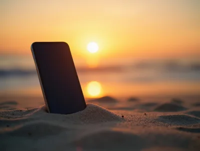 Smartphone Standing Upright In Beach Sand At Sunset