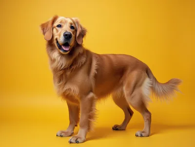 Golden Retriever Standing Against A Solid Yellow Background