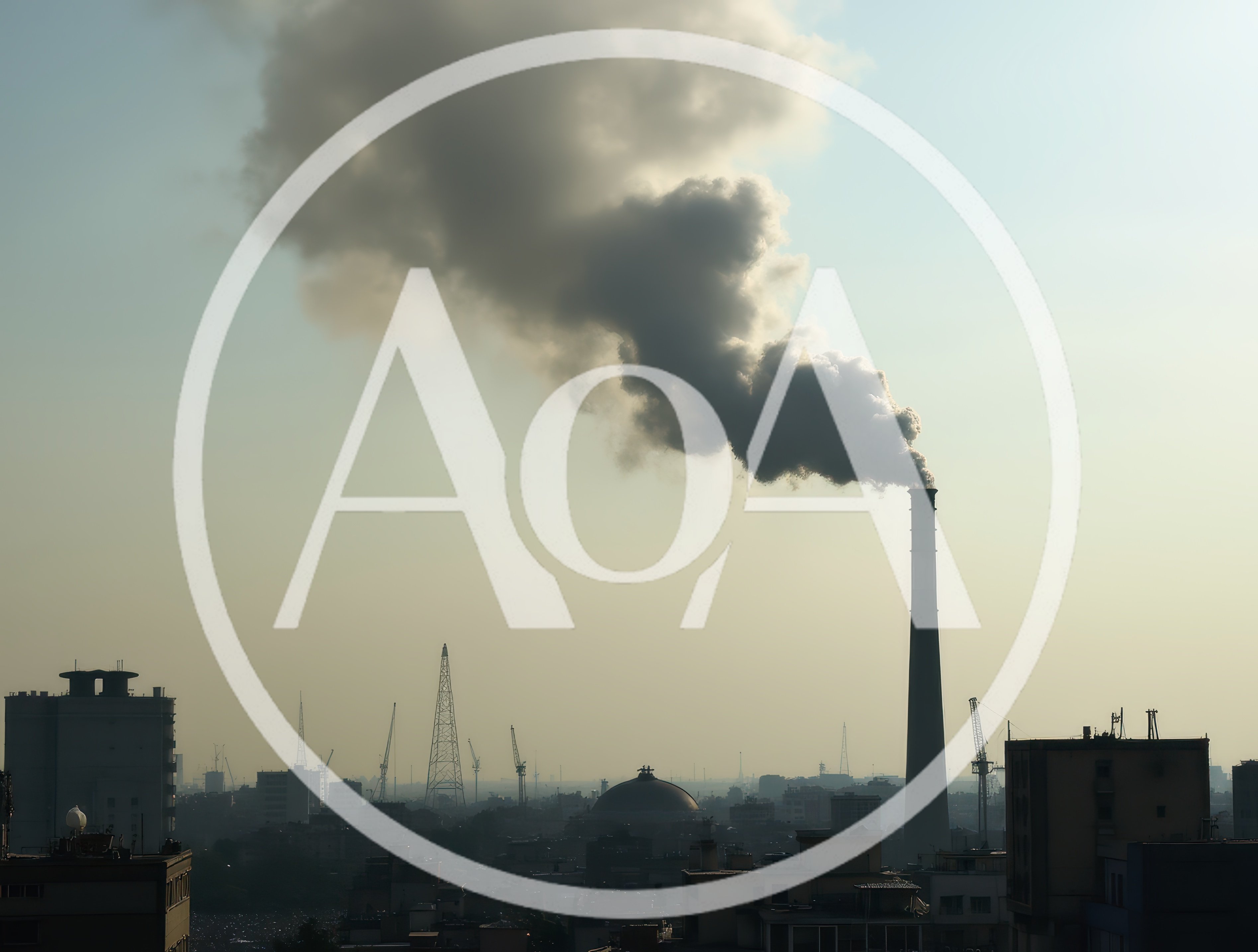 Industrial Smoke Rising From Factory Chimney Over City Skyline