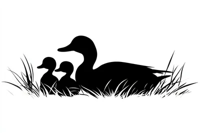 Silhouette Of A Mother Duck With Two Ducklings
