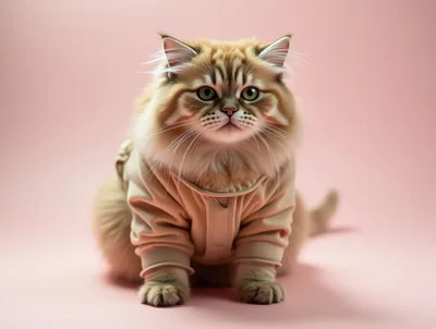 Fluffy Ginger Cat Wearing A Beige Sweater