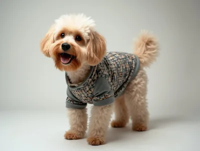 Cute Fluffy Dog Wearing A Plaid Sweater