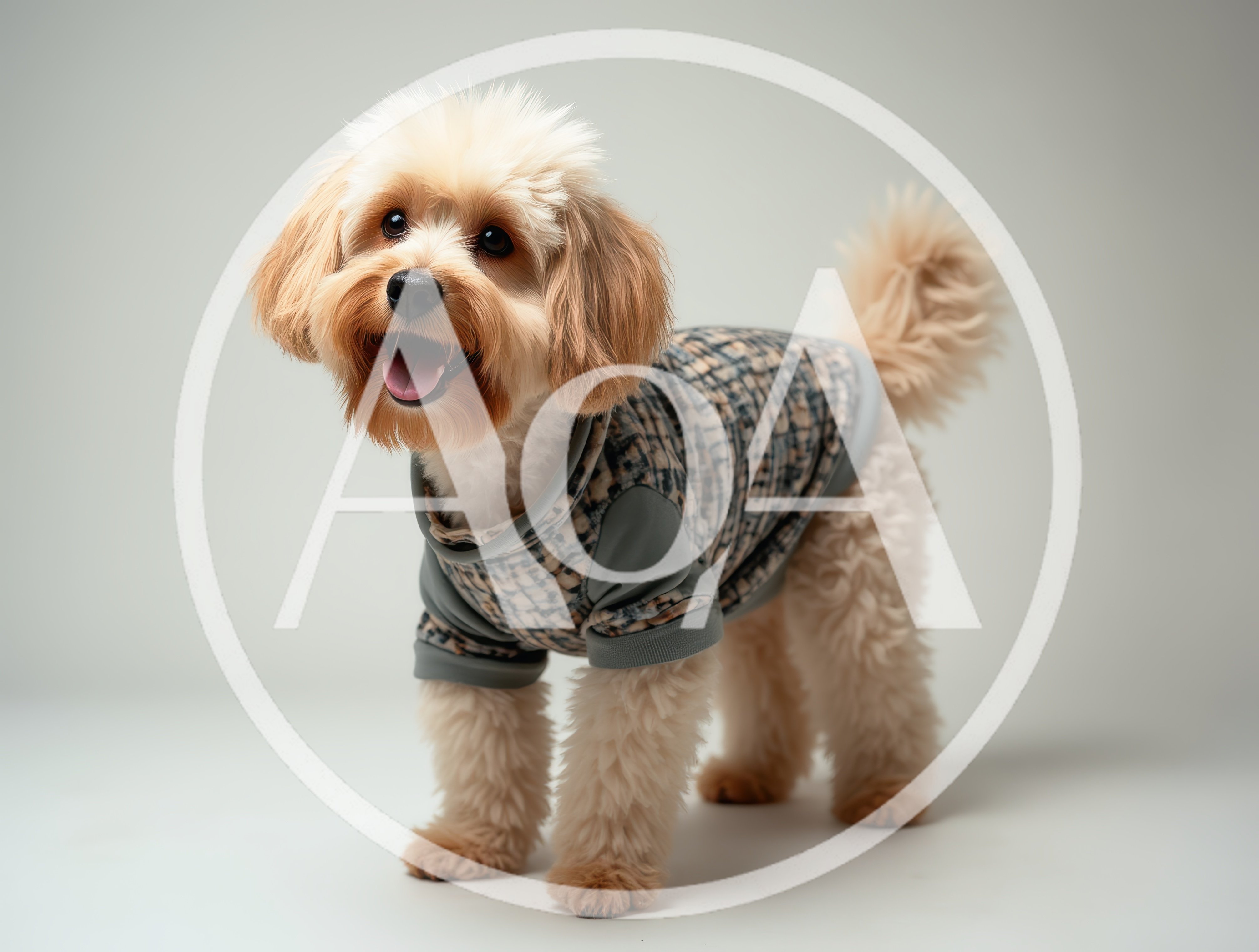 Cute Fluffy Dog Wearing A Plaid Sweater