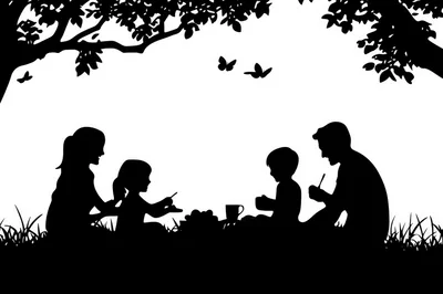 Silhouette Of A Family Having A Picnic Outdoors