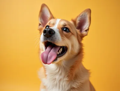 Happy Corgi Dog Portrait Against Yellow Background