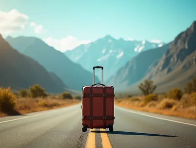 Red Suitcase Standing Alone on an Empty Mountain Road