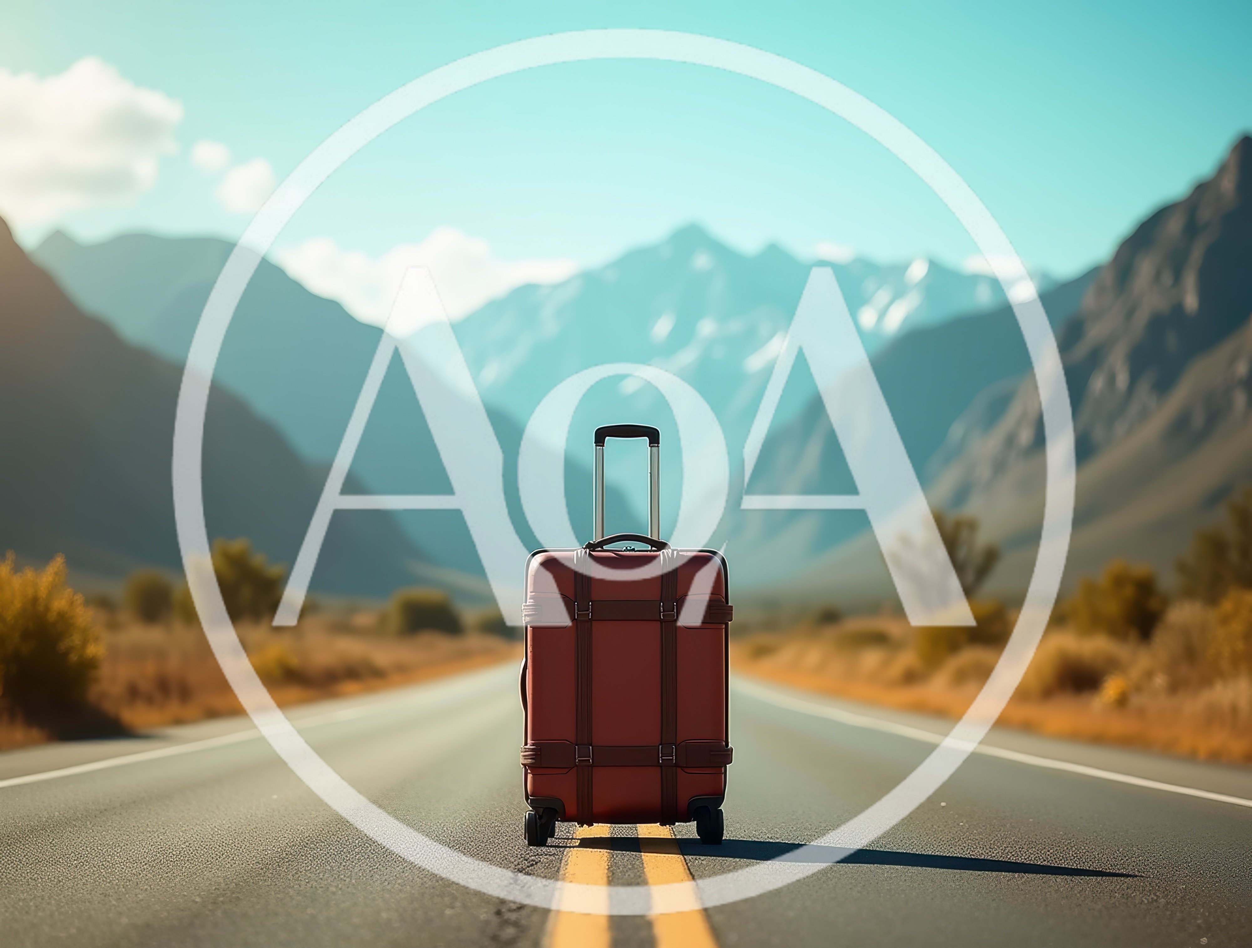 Red Suitcase Standing Alone on an Empty Mountain Road