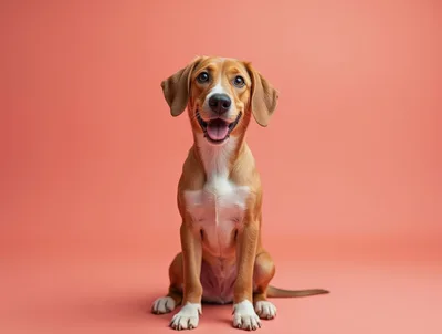 Happy Brown Dog Sitting Against A Coral Background