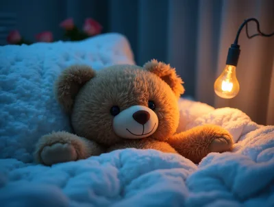 Teddy Bear Resting In Bed Under Warm Light
