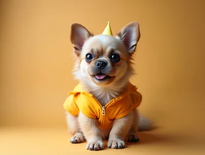 Cute Chihuahua Puppy Wearing Yellow Hoodie and Party Hat