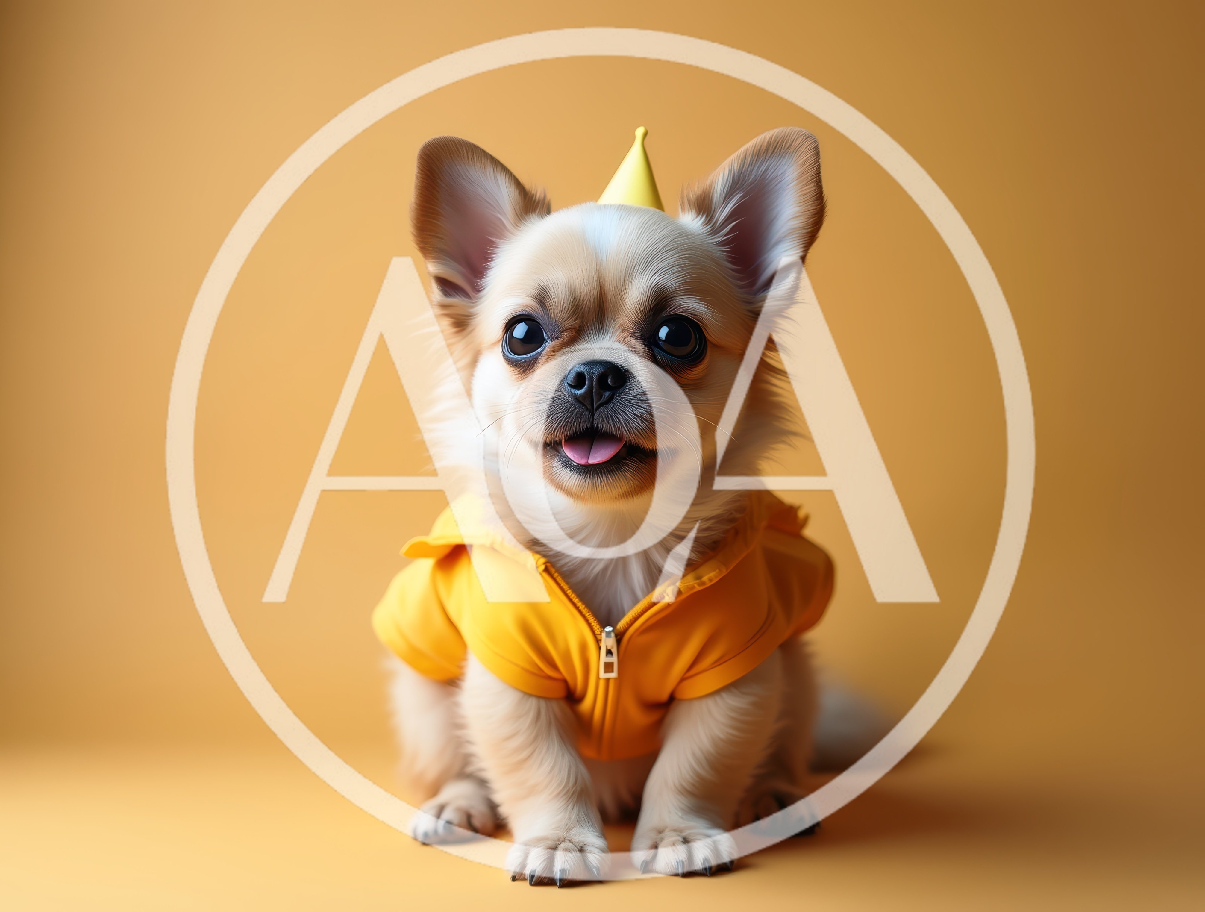 Cute Chihuahua Puppy Wearing Yellow Hoodie and Party Hat