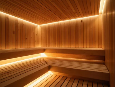 Modern Wooden Sauna Interior With Ambient LED Lighting