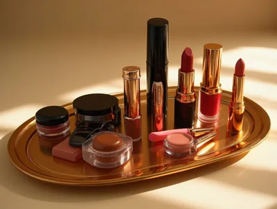 Luxury Cosmetic Products Arranged on a Golden Tray