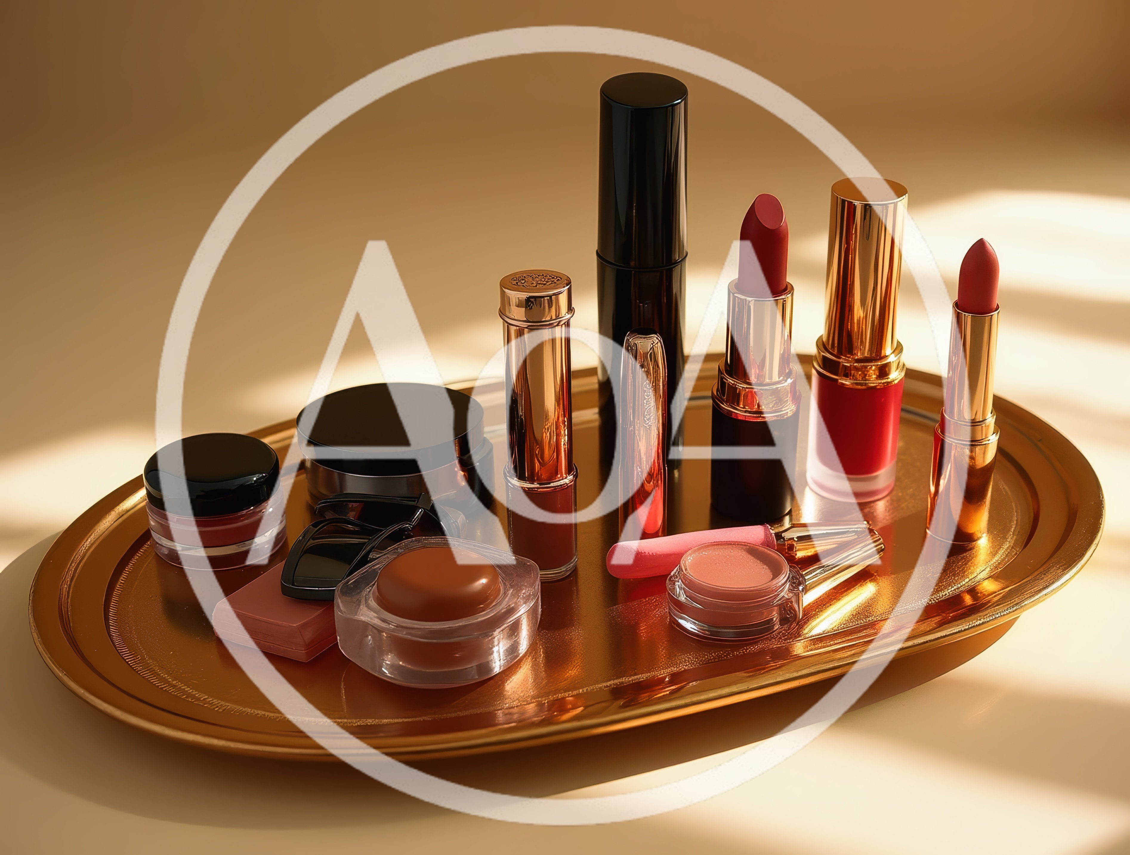 Luxury Cosmetic Products Arranged on a Golden Tray