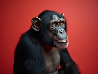 Portrait Of A Chimpanzee Against A Red Background