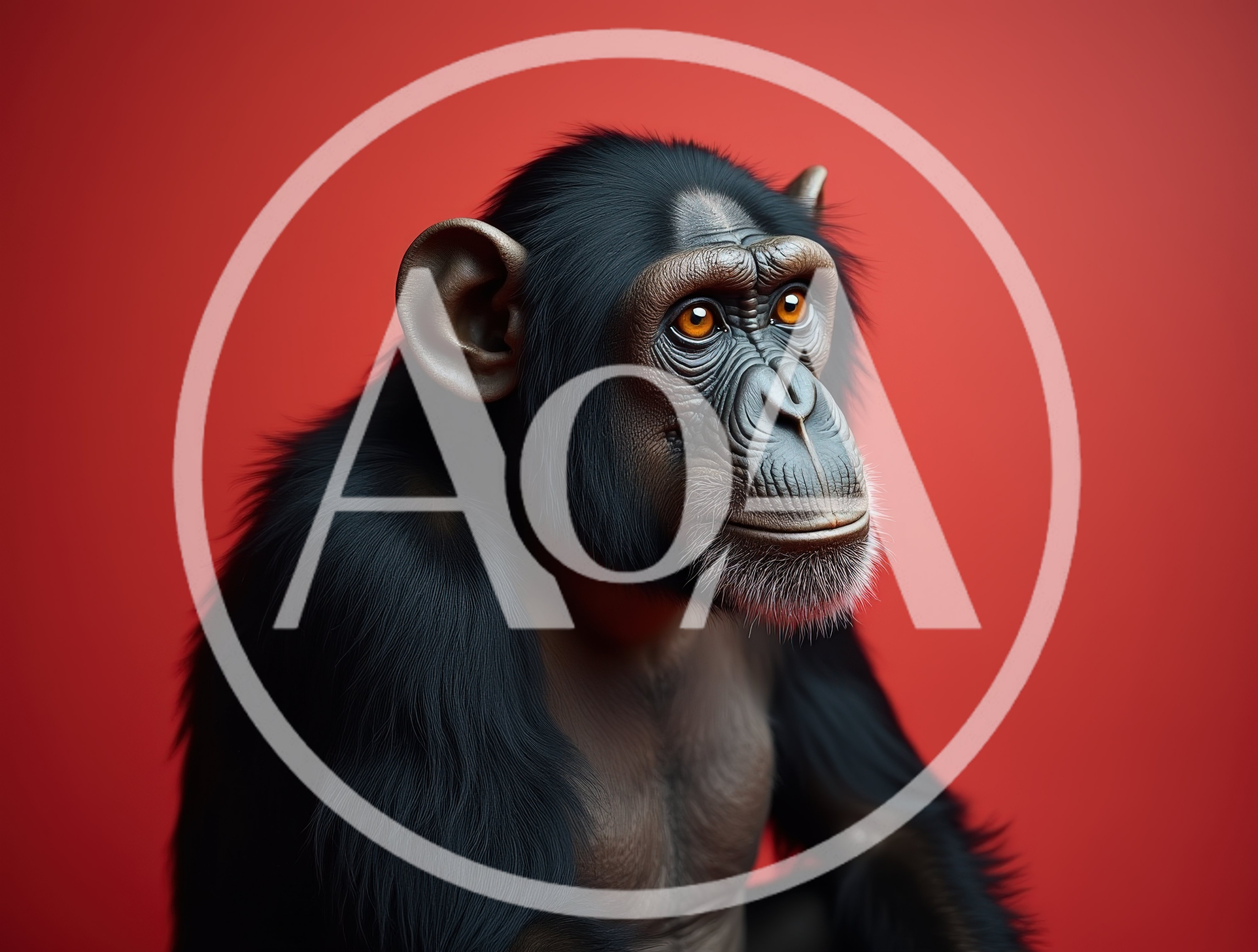 Portrait Of A Chimpanzee Against A Red Background