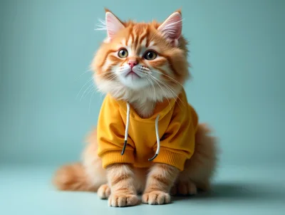 Fluffy Ginger Kitten Wearing A Yellow Hoodie