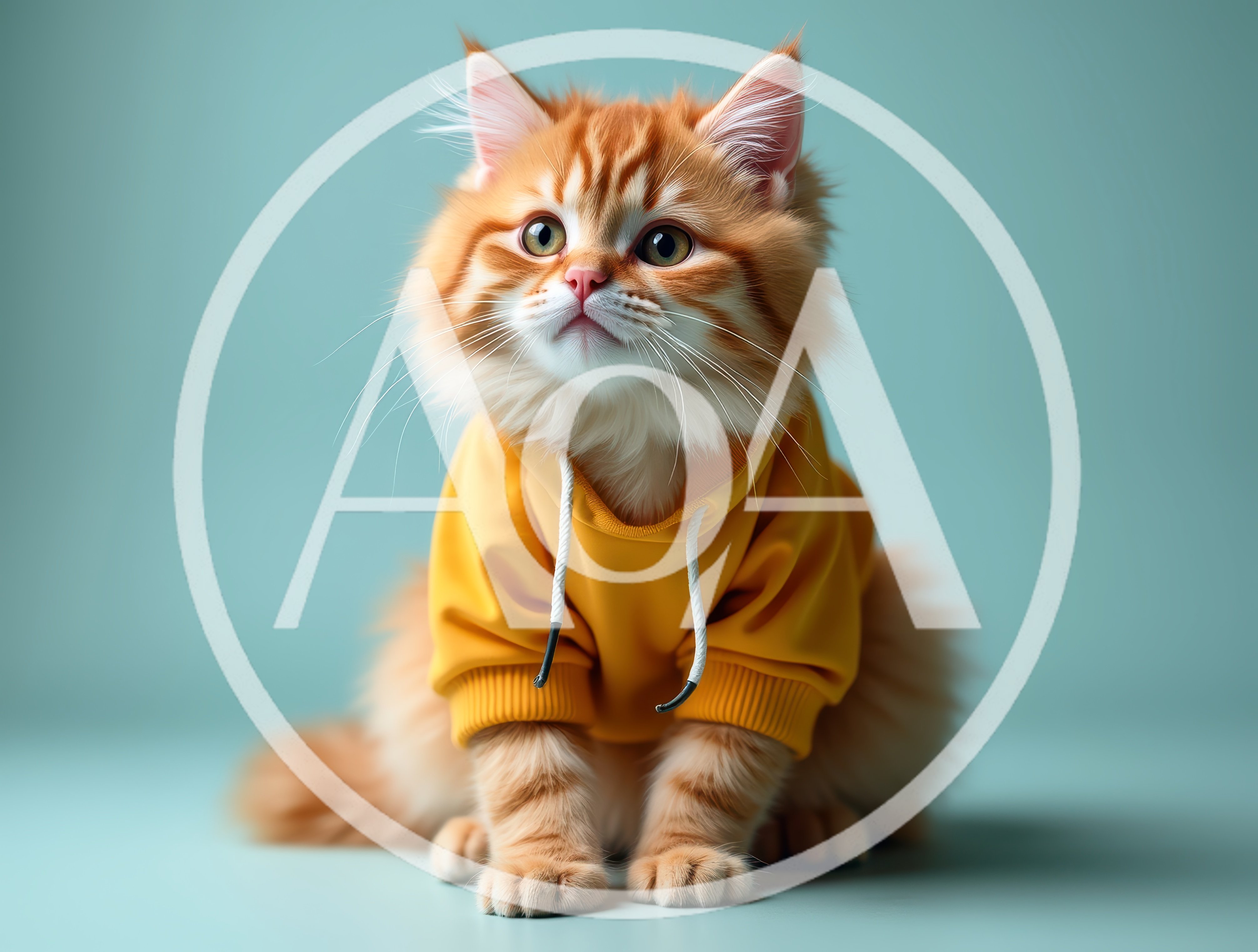 Fluffy Ginger Kitten Wearing A Yellow Hoodie