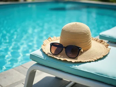 Straw Sun Hat and Sunglasses on Poolside Lounge Chair