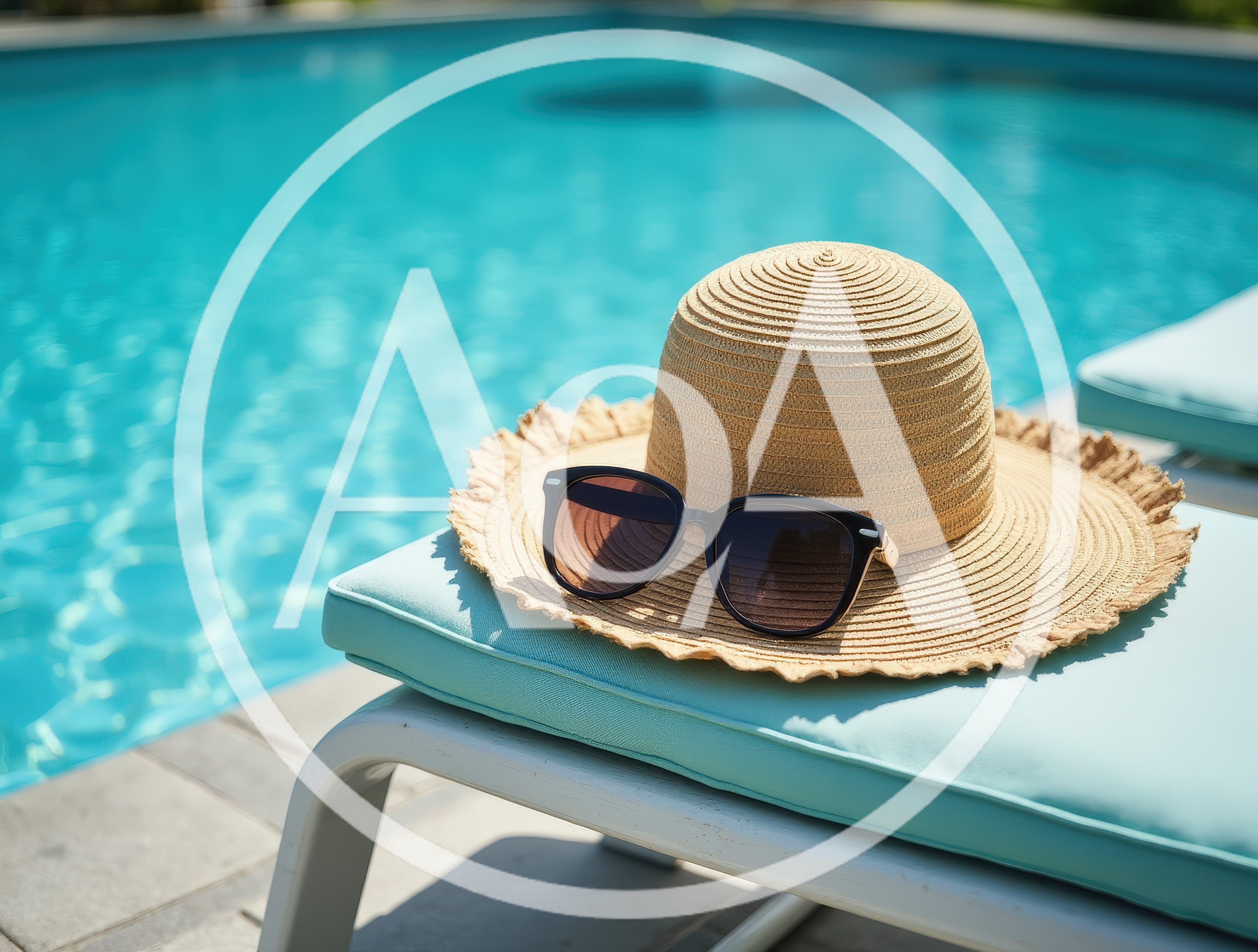 Straw Sun Hat and Sunglasses on Poolside Lounge Chair