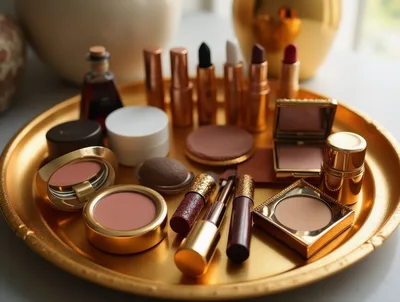 Luxury Makeup Collection Arranged on a Golden Tray