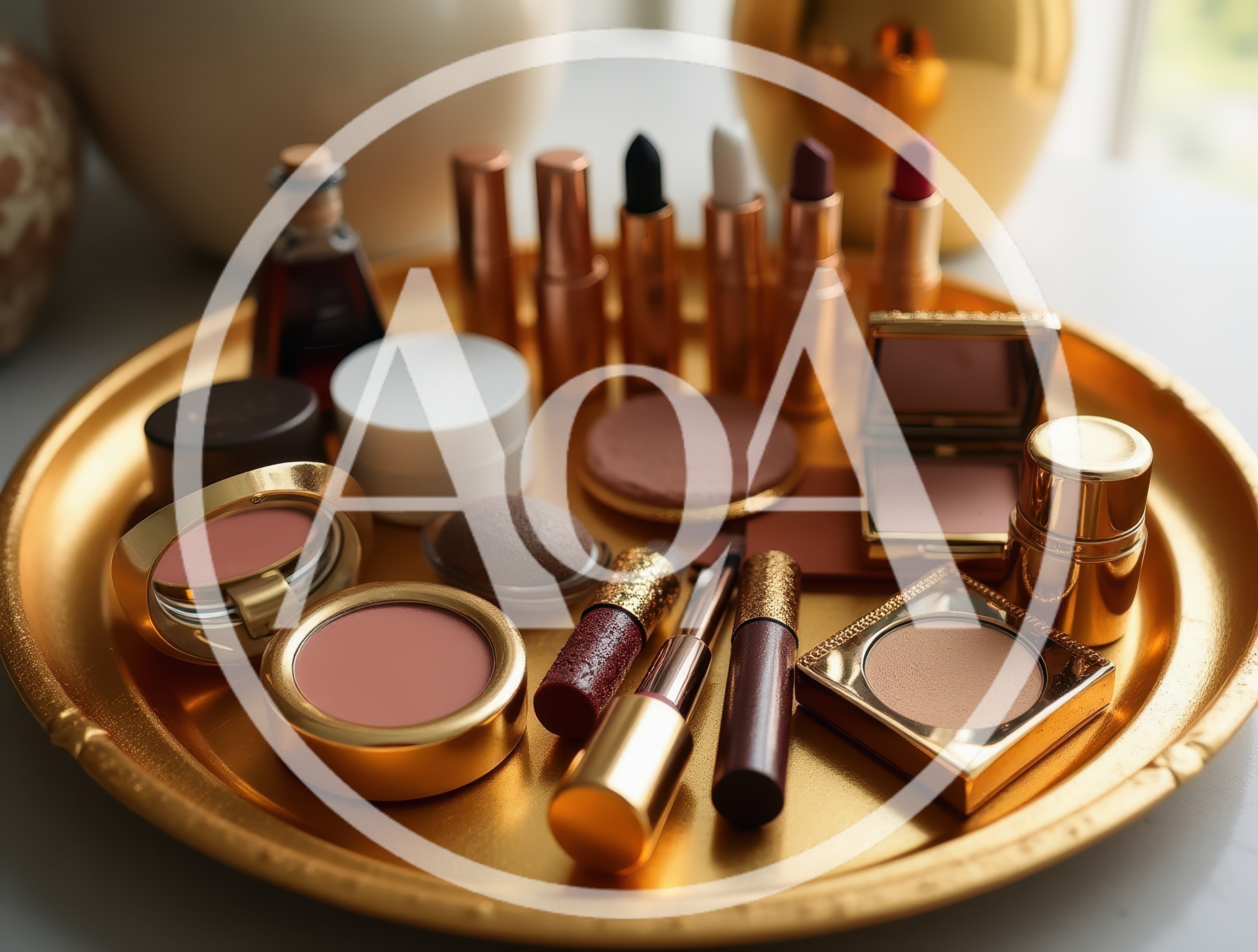 Luxury Makeup Collection Arranged on a Golden Tray
