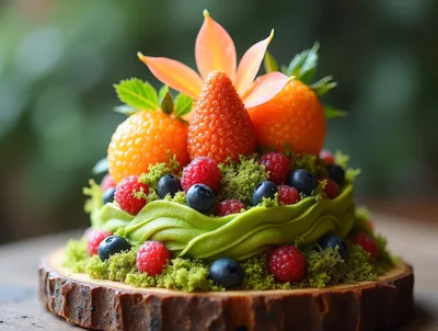 Artistic Forest Themed Dessert With Berries And Moss