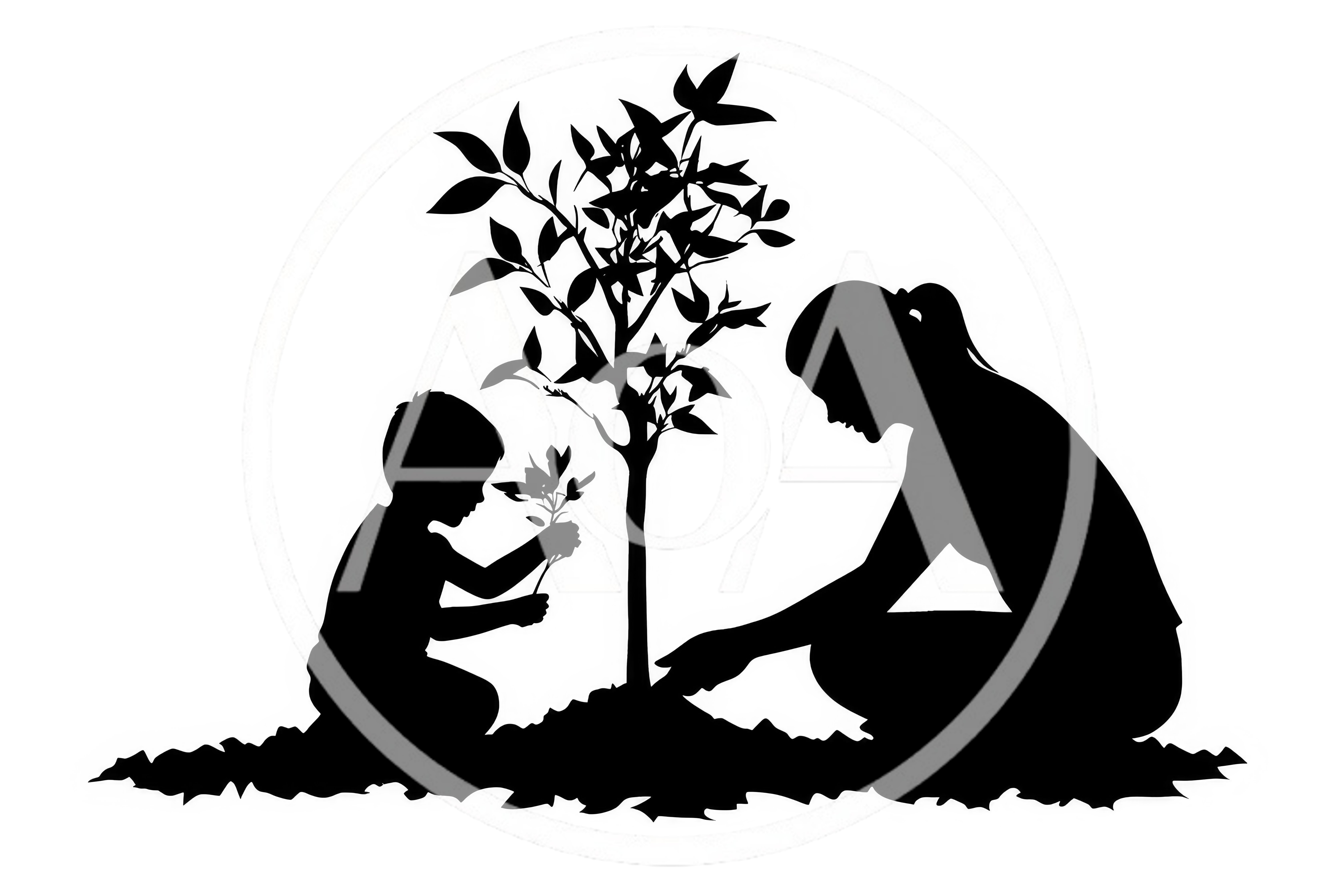 Mother and Child Planting a Tree Silhouette