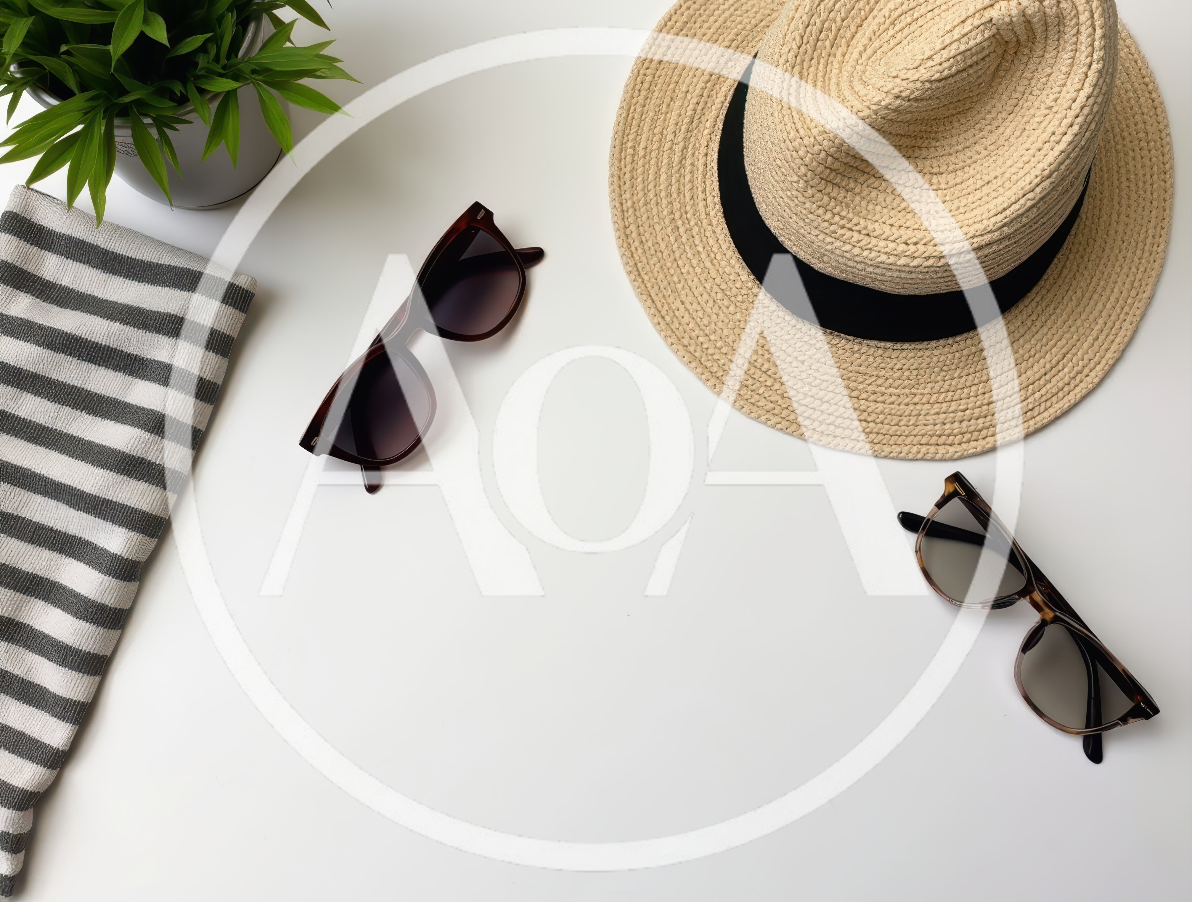 Summer Vacation Essentials Flat Lay on White Background
