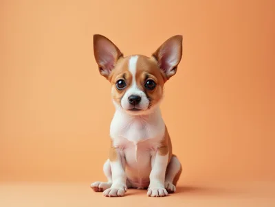 Adorable Chihuahua Puppy Sitting Against A Solid Orange Background