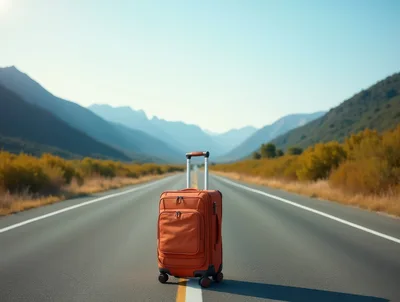 Orange Suitcase Standing Alone on an Empty Mountain Road