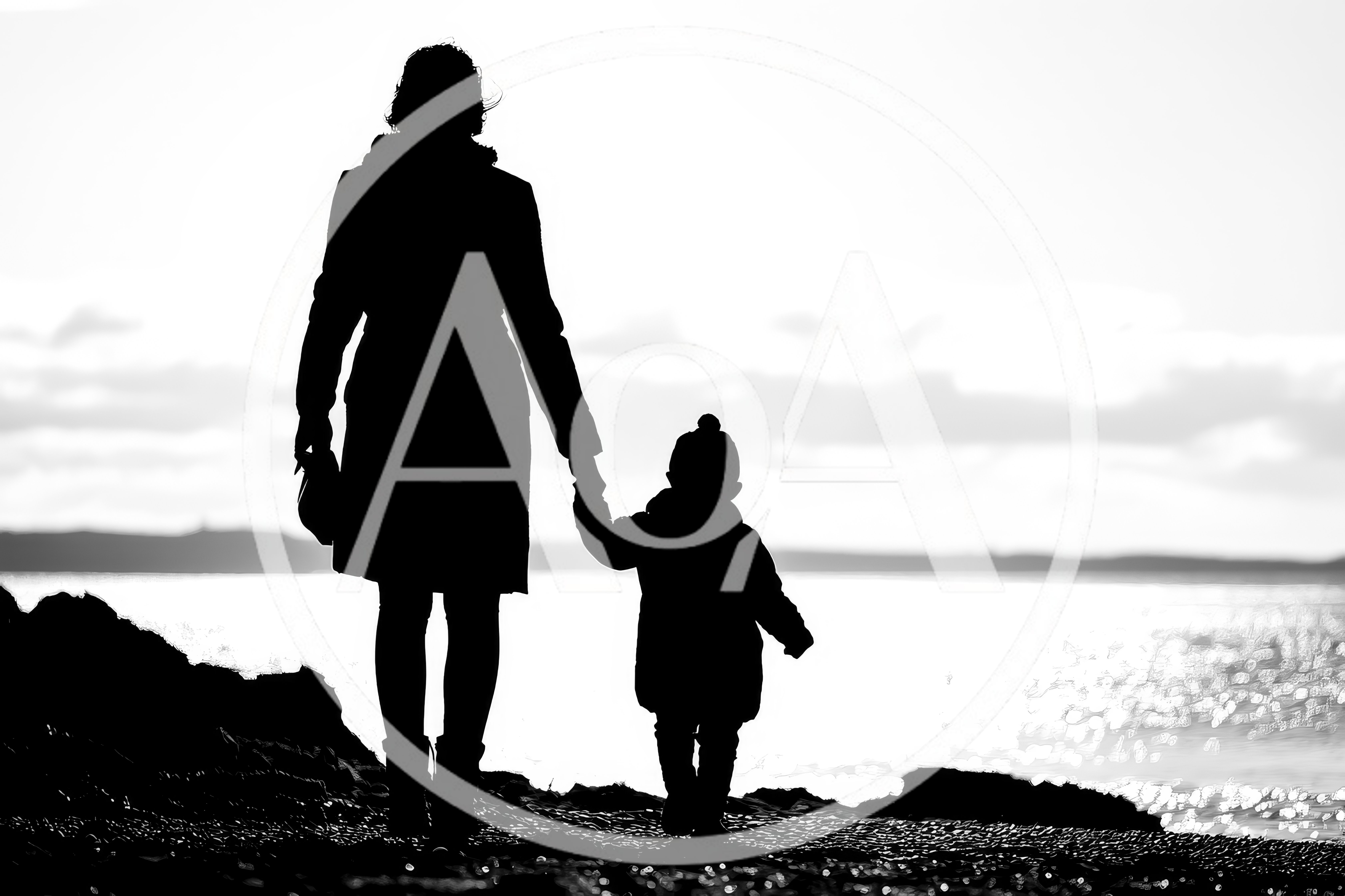 Silhouette Of A Mother And Child Walking By Water