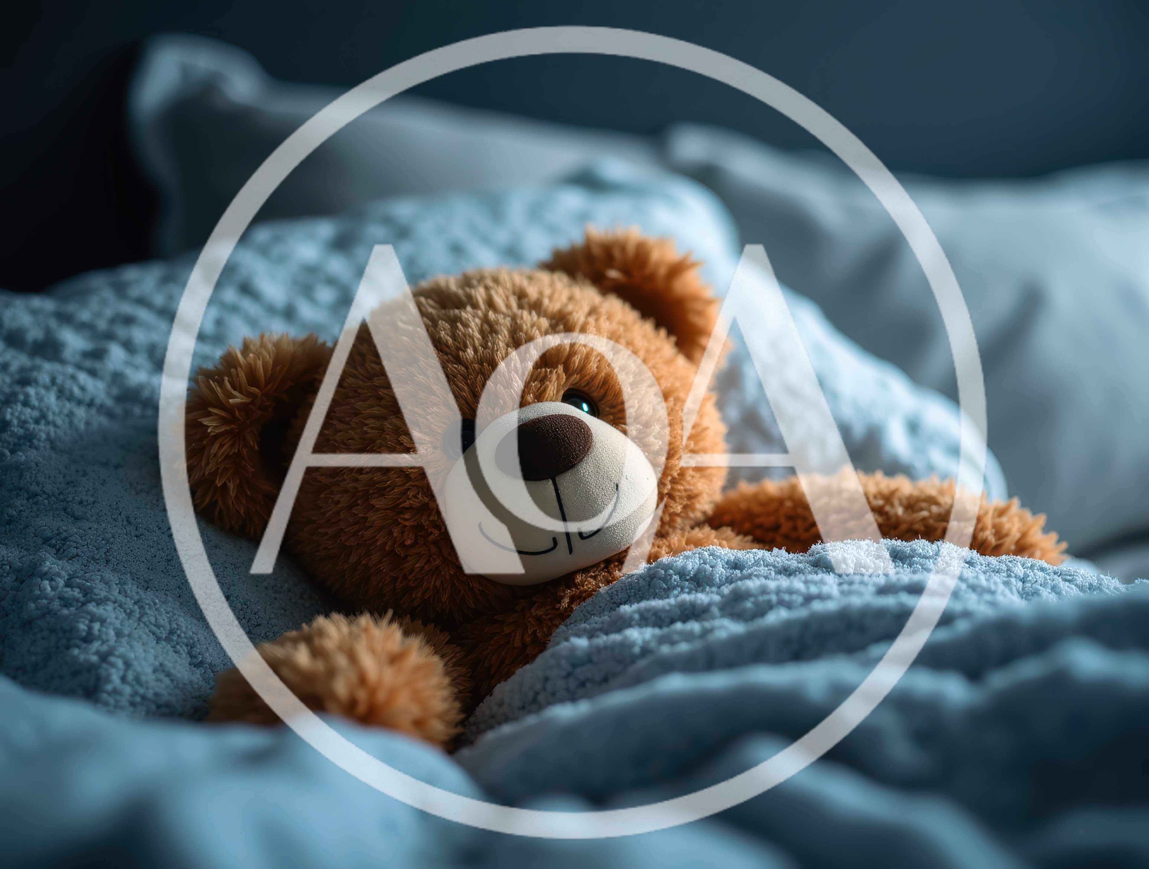 Brown Teddy Bear Sleeping Under A Blue Blanket