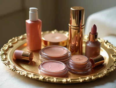Luxury Cosmetic Products Arranged On An Ornate Gold Tray