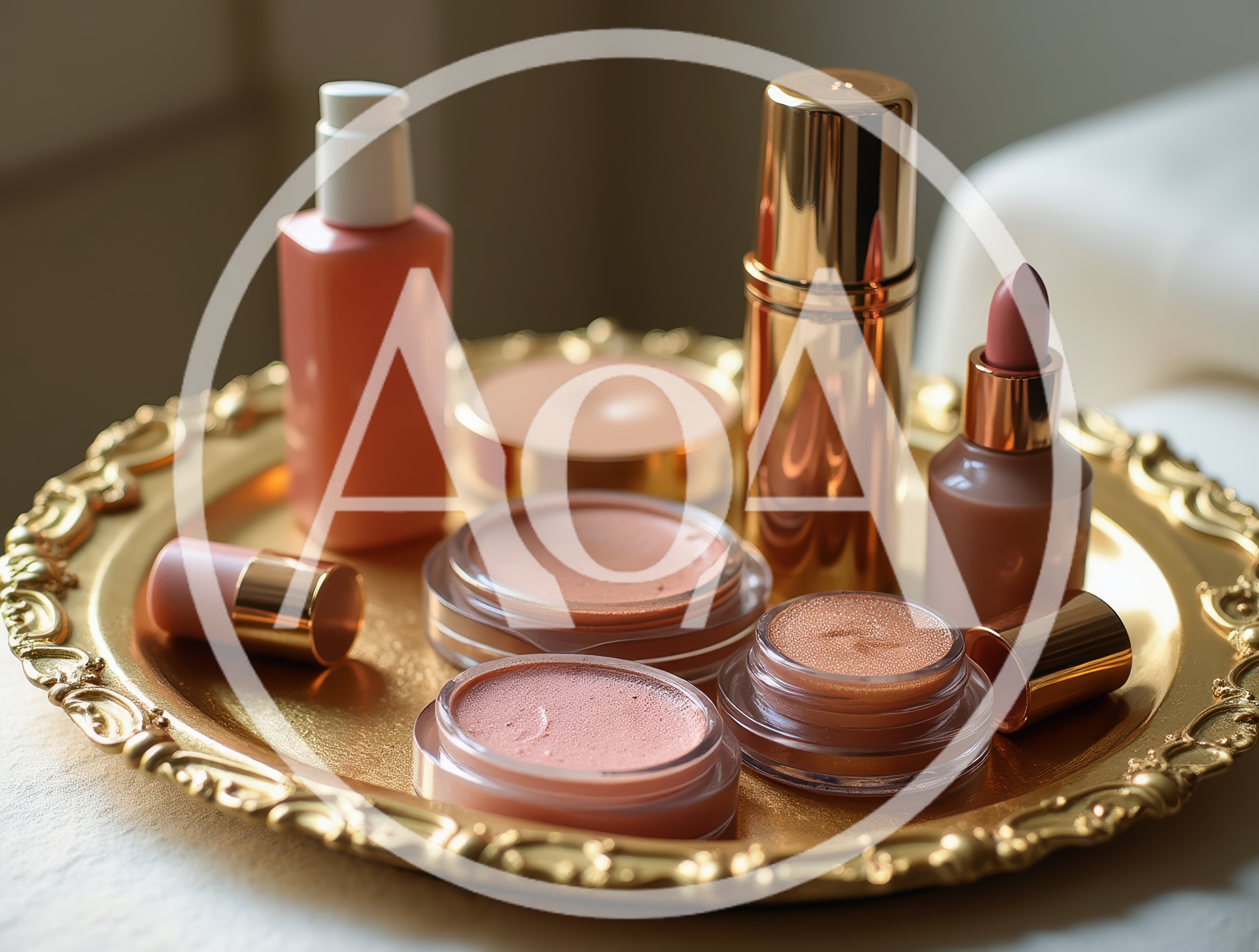 Luxury Cosmetic Products Arranged On An Ornate Gold Tray