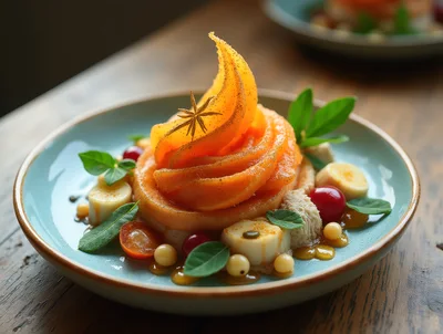Gourmet Plated Dessert With Spiced Fruit And Herbs